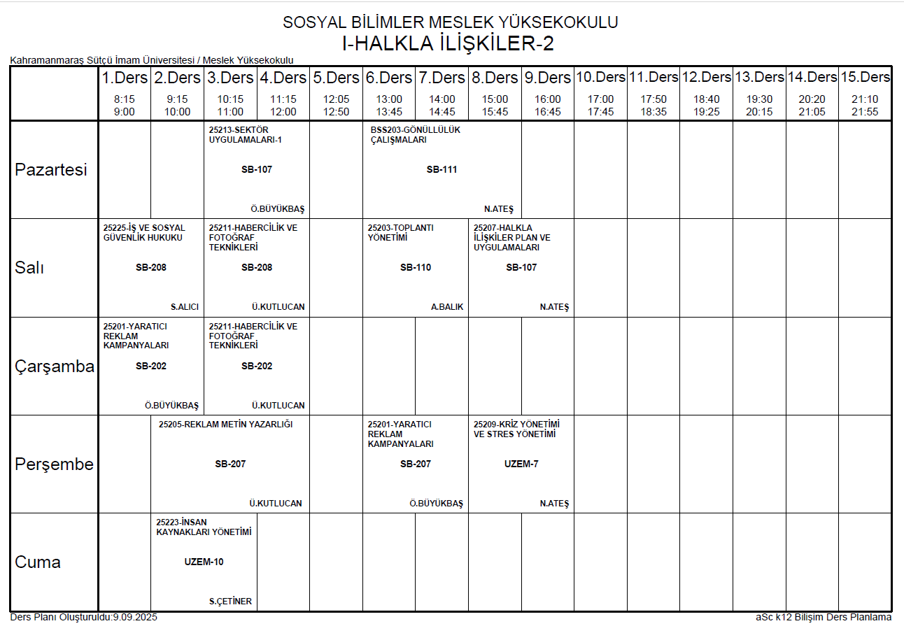 2025-2026 BAHAR DÖNEMİ HALKLA İLİŞKİLER-II DERS PROGRAMI 