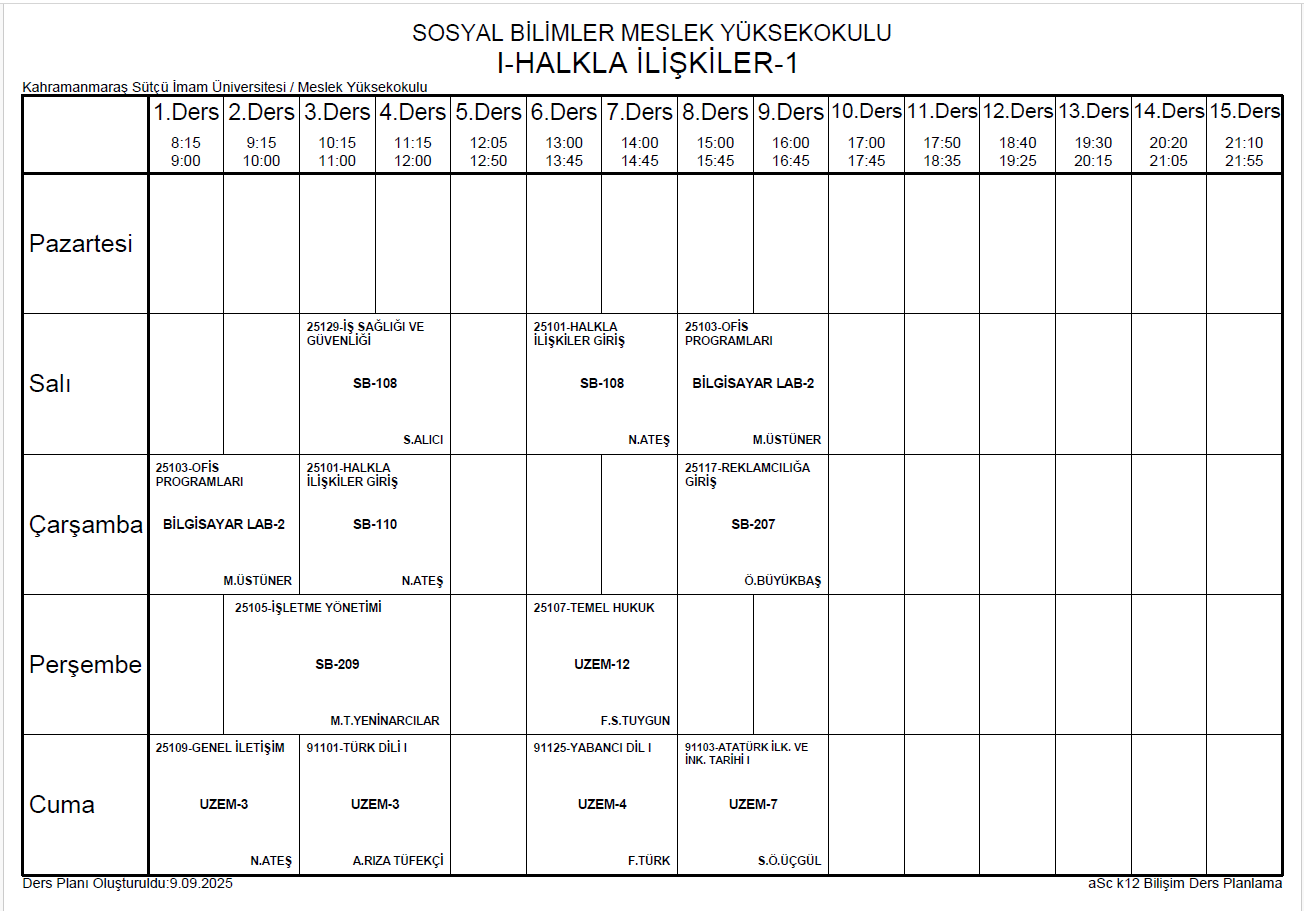 2025-2026 GÜZ DÖNEMİ HALKLA İLİŞKİLER-I DERS PROGRAMI