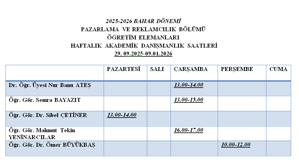 Haftalık Akademik Danışmanlık Saatleri